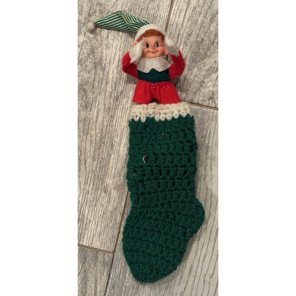 Vintage Pixie Santa Elf Knee Hugger Crochet Stocking Christmas Kitschy Rubber